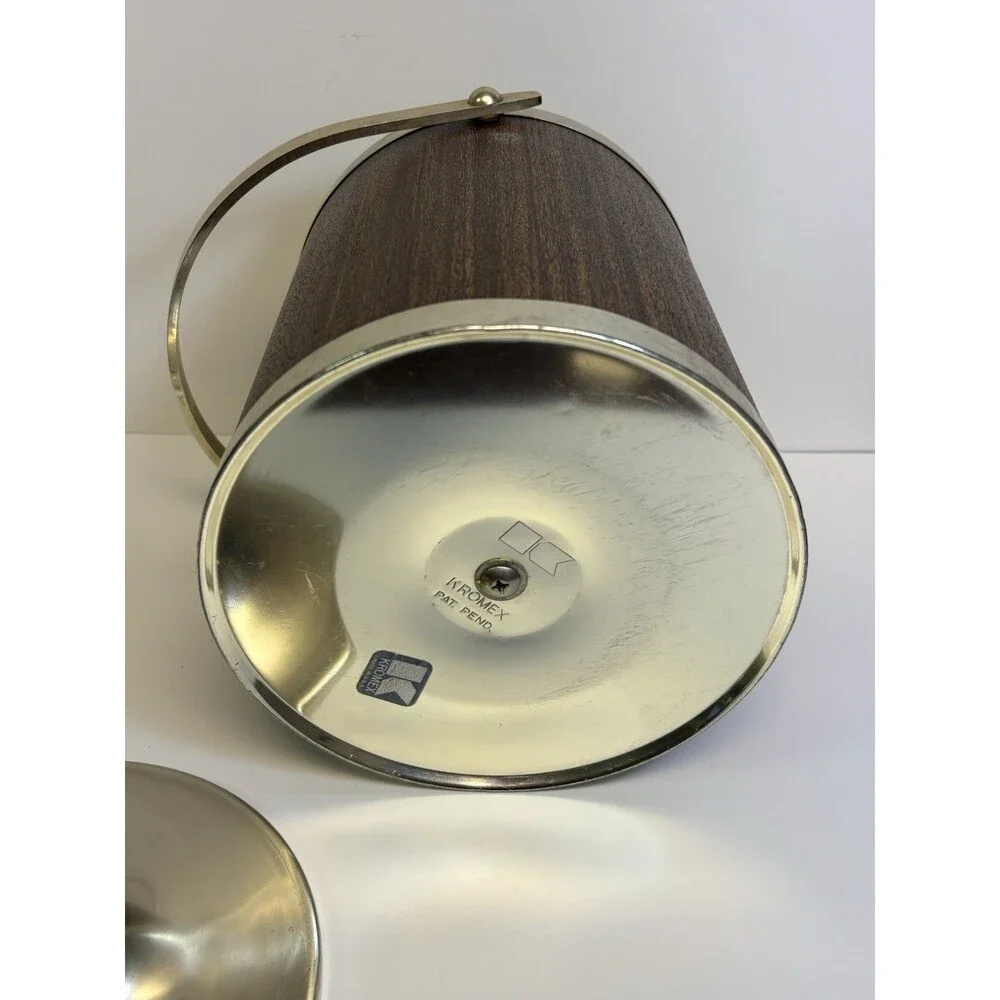 Vintage Kromex Ice Bucket Woodgrain/ Metal Lid & Carry Handle